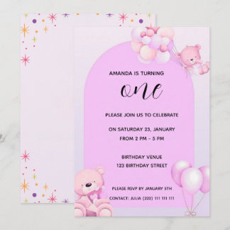 Pink Purple Teddy Bear 1st Birthday Invitation Einladung