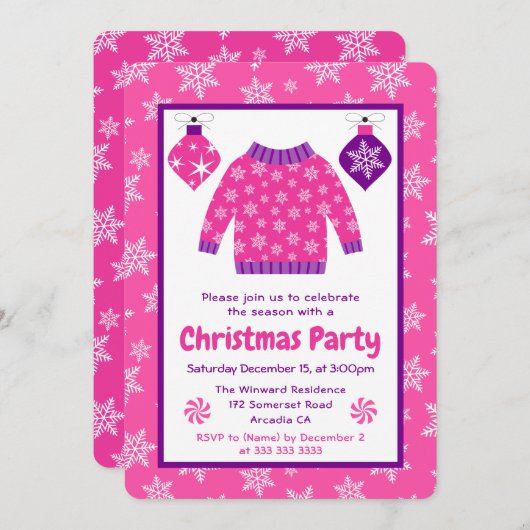 Pink & Purple Ugly Sweater Christmas Party Einladung (Vorne/Hinten)
