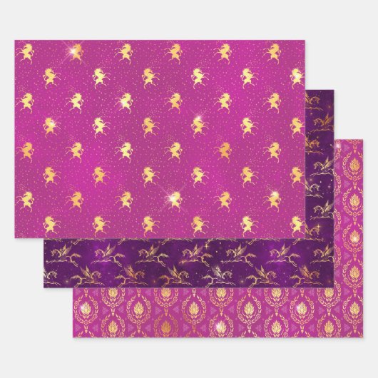 Pink & Purple Unicorn & Gold Ornamental Geschenkpapier Set (Set)