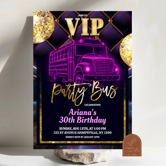 Pink Purple VIP Party Bus Invitation Einladung
