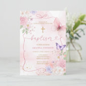 Pink Purple Watercolor Bow Watercolor Girl Baptism Einladung (Stehend Vorderseite)
