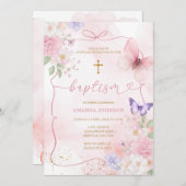 Pink Purple Watercolor Bow Watercolor Girl Baptism Einladung (Vorne/Hinten)