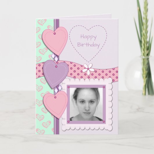 Pink & purple with hearts and photo karte (Vorderseite)