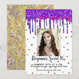 Pink Purpur Glitter-Tropf Geburtstag Sweet 16 Foto Einladung