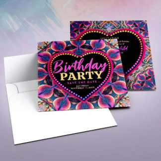 Pink Purpur-Psychedelische-Hippie-Herz-Geburtstag Save The Date