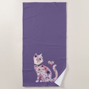 Pink Purpurrote Herzen Florale Katze Geburtstag Strandtuch