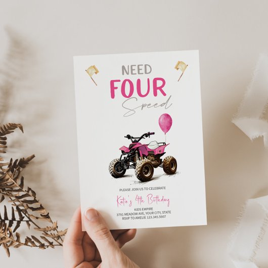 Pink Quad Bike 4. Geburtstag Einladung