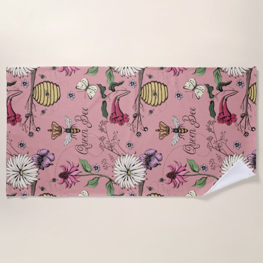Pink Queen Bee Floral Pattern Strandtuch (Vorderseite)