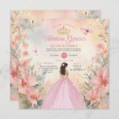 Pink Quinceañera 15 Anos Blume Gold Glitzer Einladung (Vorne/Hinten)