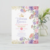 Pink Quinceañera 15 Anos Purple Blumen Goldkrone Einladung (Stehend Vorderseite)