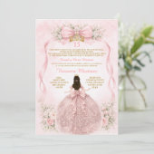 Pink Quinceañera Blush Bow Floral Sweet Einladung (Stehend Vorderseite)