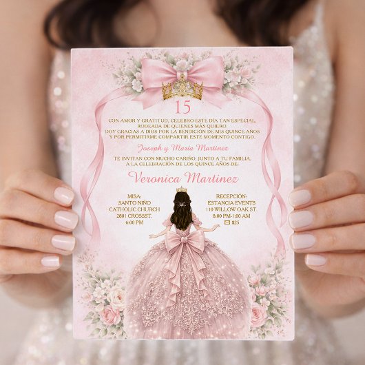 Pink Quinceañera Blush Bow Floral Sweet Einladung