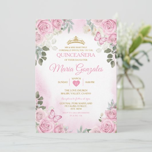 Pink Quinceañera Goldkrone Mexikos Schmetterling Einladung (Stehend Vorderseite)