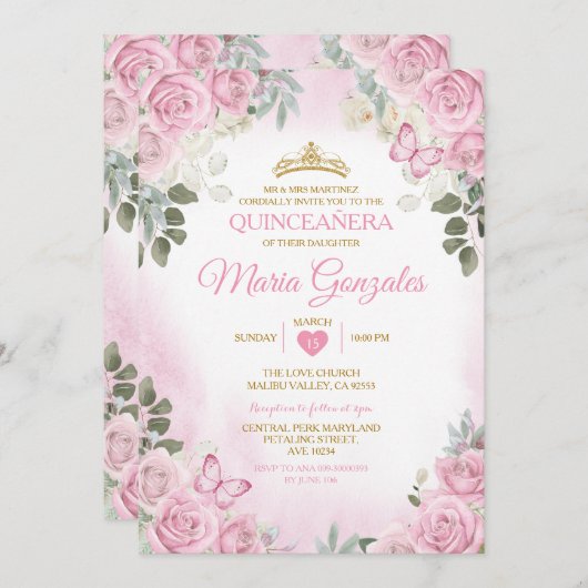 Pink Quinceañera Goldkrone Mexikos Schmetterling Einladung (Vorne/Hinten)