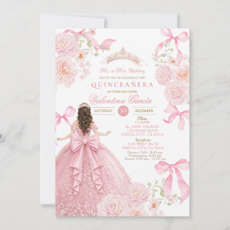 Pink Quinceañera Invitation with Bow Dress Einladung