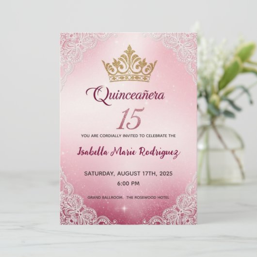 Pink Quinceañera Invitations Einladung (Stehend Vorderseite)