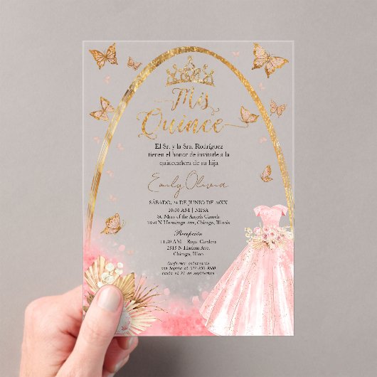 Pink Quinceanera Spanische Akryllische Einladung (Insitu (Handheld))