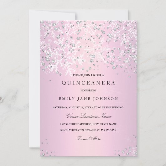 Pink Quinceanera Winter Wonderland Schneeflocken Einladung (Vorderseite)