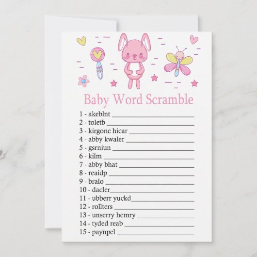 Pink Rabbit Baby Word Scramgame Einladung (Vorderseite)