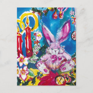 PINK RABBIT, CHRISTMAS CANDLES UND HOLLYBERRIES FEIERTAGSPOSTKARTE