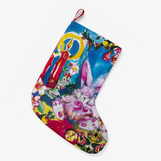 PINK RABBIT, CHRISTMAS CANDLES UND HOLLYBERRIES KLEINER WEIHNACHTSSTRUMPF (Vorderansicht (hängend))