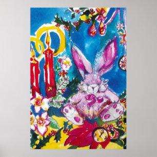 PINK RABBIT, CHRISTMAS CANDLES UND HOLLYBERRIES POSTER