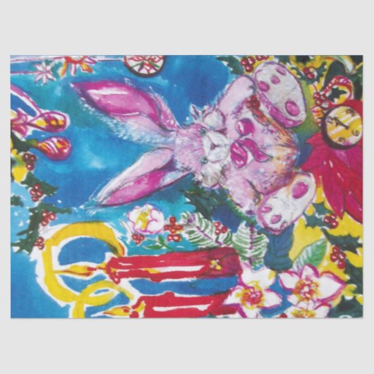 PINK RABBIT, CHRISTMAS CANDLES UND HOLLYBERRIES SEIDENPAPIER (Vorderseite)