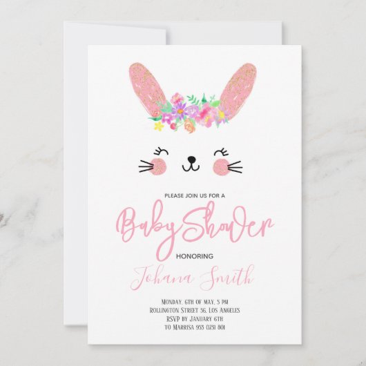 Pink Rabbit Face Baby Dusche Einladung (Vorderseite)