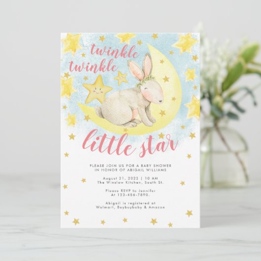Pink Rabbit Gold Twinkle Little Star Baby Dusche Einladung (Stehend Vorderseite)