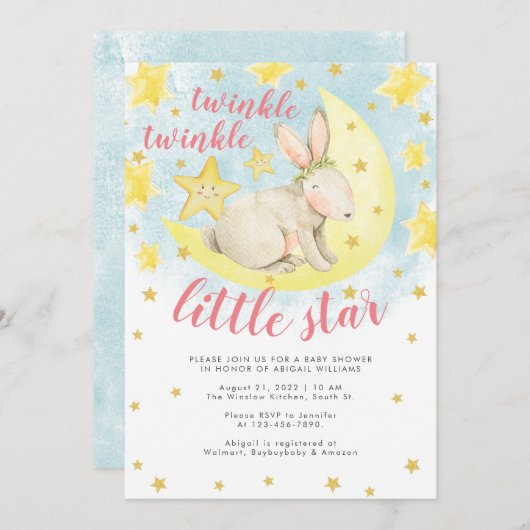 Pink Rabbit Gold Twinkle Little Star Baby Dusche Einladung (Vorne/Hinten)
