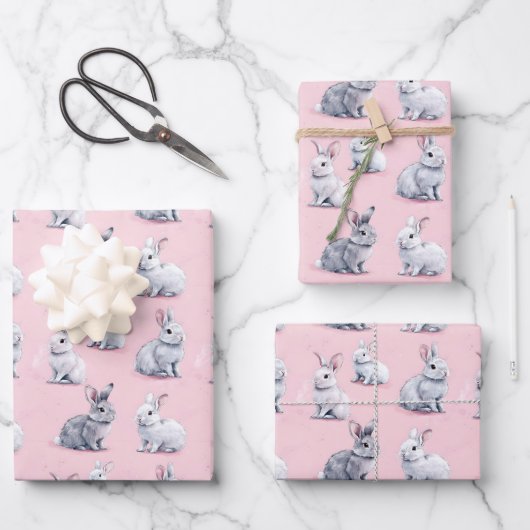 Pink Rabbits Muster Geschenkpapier Set (Vorderseite)