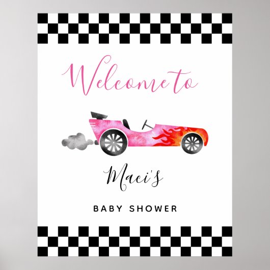 Pink Race Car Baby Dusche Begrüßungszeichen Poster (Vorne)