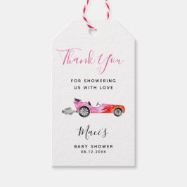 Pink Race Car Baby Shower Tags Geschenkanhänger