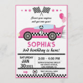 Pink Race Car Birthday Party Einladung (Vorderseite)