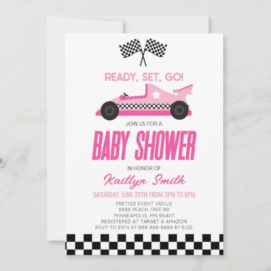 Pink Race Car Checkered Race Flag Babydusche Einladung (Vorderseite)