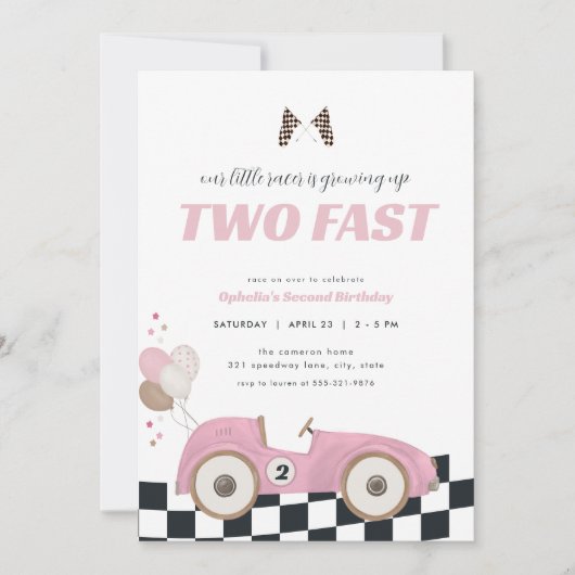 Pink Race Car Girl Two Fast Second Birthday Invite Einladung (Vorderseite)