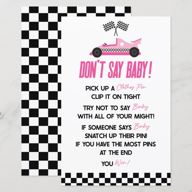 Pink Race Car Say Baby Shower Game nicht (Vorne/Hinten)