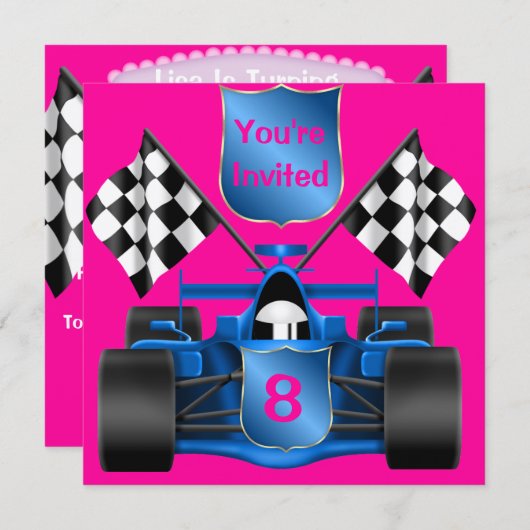 PINK RACING CAR Einladung (Vorne/Hinten)