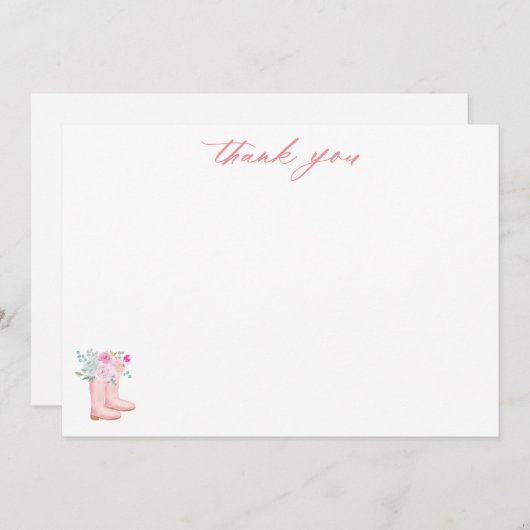 Pink Rain Boots & Blume Script-Brautparty Dankeskarte (Vorne/Hinten)