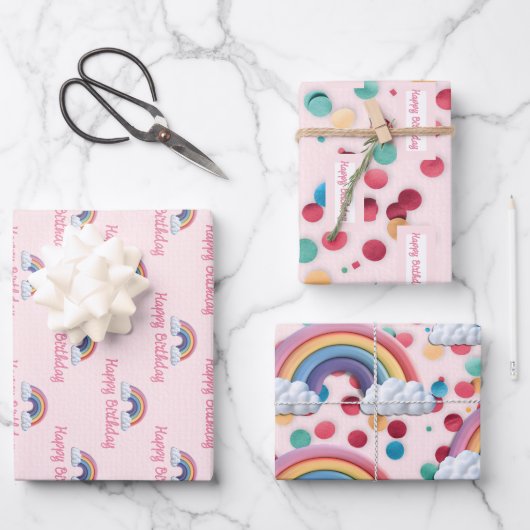 Pink Rainbow and Confetti First Birthday Geschenkpapier Set (Vorderseite)