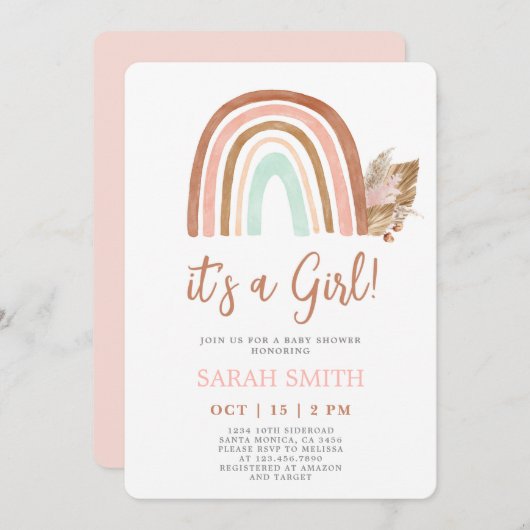 Pink Rainbow Baby Duschmädchen Einladung (Vorne/Hinten)