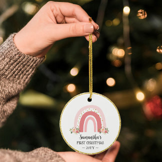 Pink Rainbow Baby's First Christmas mit Foto Keramik Ornament