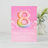 Pink Rainbow Ballon Letter Number Achte Geburtstag Einladung (Stehend Vorderseite)