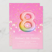 Pink Rainbow Ballon Letter Number Achte Geburtstag Einladung (Vorne/Hinten)