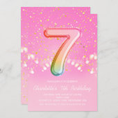 Pink Rainbow Ballon Letter Number Sieben Geburtsta Einladung (Vorne/Hinten)