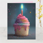 PINK RAINBOW CUPCAKE KANDLE BIG BIRTHDAY CARD KARTE (Gelbe Blume)