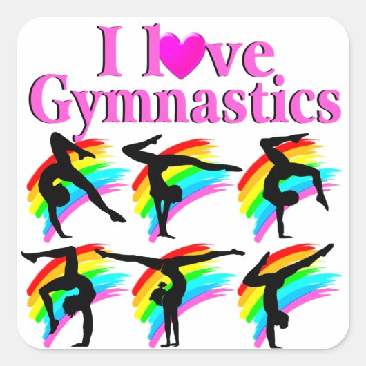 PINK RAINBOW I LIEBE GYMNASTICS DESIGN QUADRATISCHER AUFKLEBER (Vorderseite)