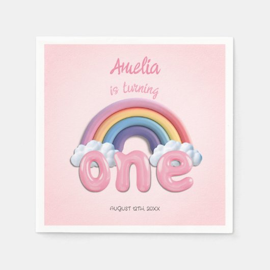 Pink Rainbow One First Birthday Serviette (Vorderseite)