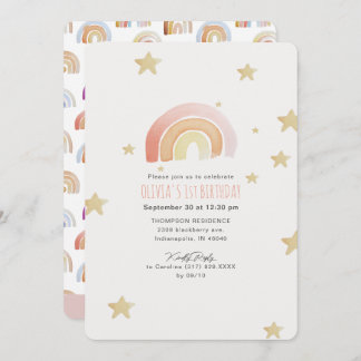 Pink Rainbow Stars Erste Geburtstagsparty Einladung