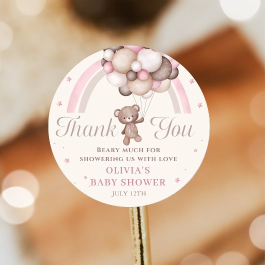 Pink Rainbow Teddy Bear Balloon Babydusche Runder Aufkleber